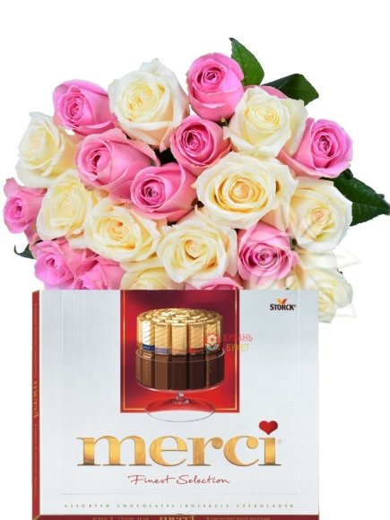 Букет розовых и белых роз с конфетами "Merci" заказать за 4 950 руб. с доставкой Букет розовых и белых роз с конфетами "Merci" заказать за 4 950 руб. с доставкой